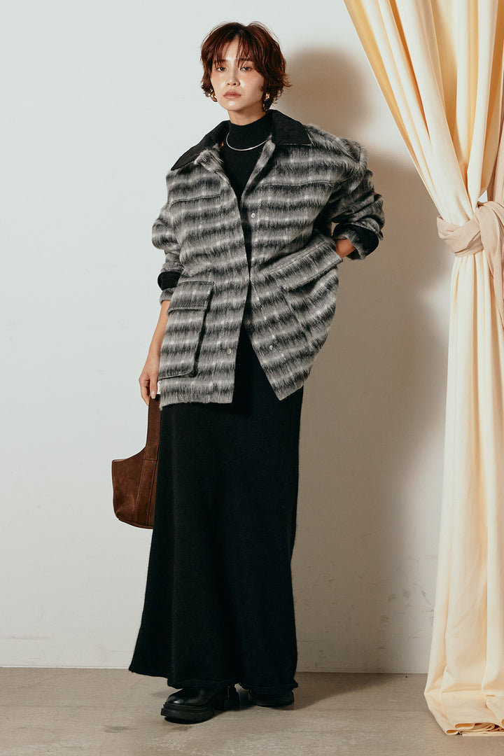 [SET]チェックシャギーミドルカバーオール+ノースリーブニットロングワンピース(2set)