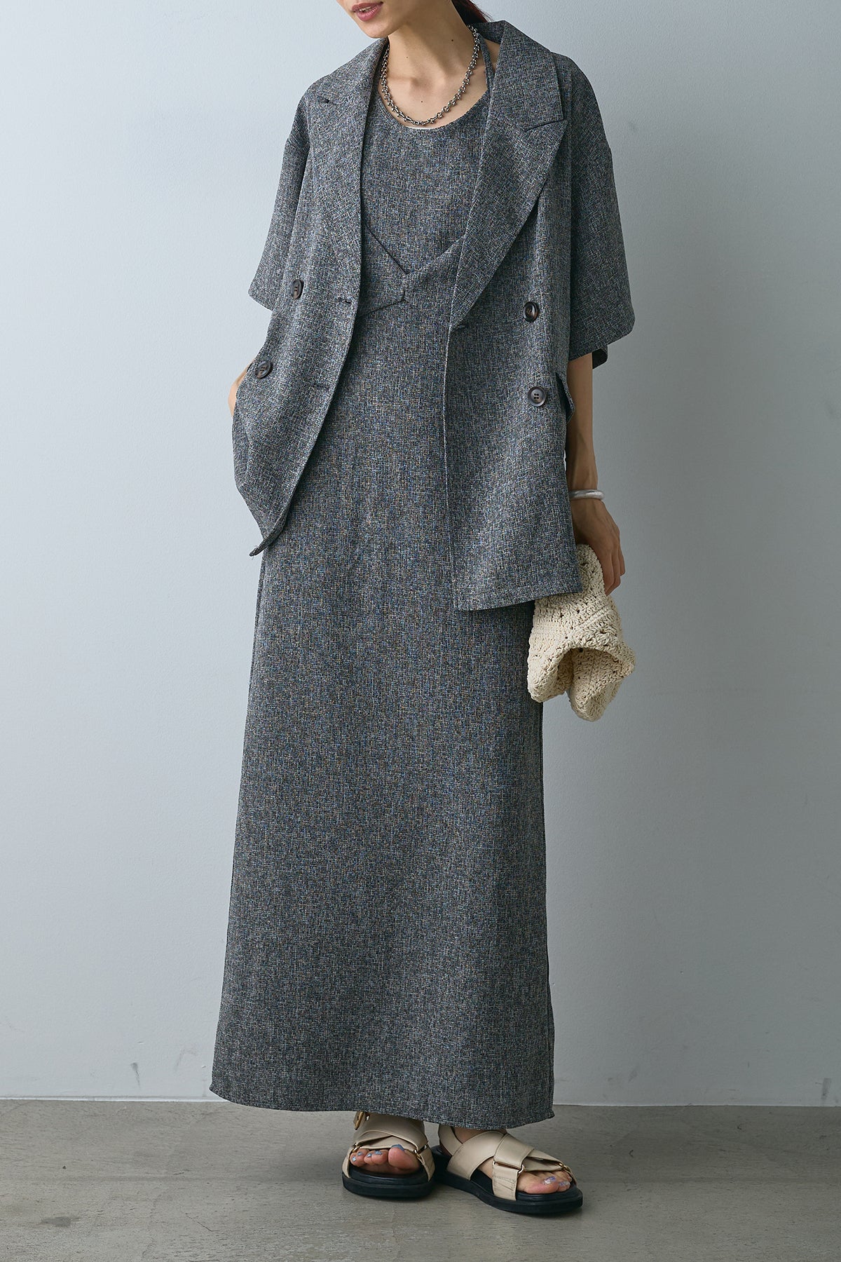 最終価格！M's カタログ サマー ツイード グレー ワンピース ツイードマーメイドニットワンピース / GRACE CONTINENTAL