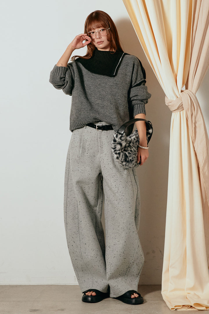[SET]ハイネックジップデザインニットトップス+ベルト付きネップツイードカーブパンツ(2set)