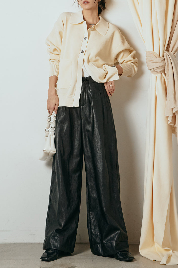 [SET]メタル釦衿付きニットカーディガン+ベルト付きレザーライクタックパンツ(2set)