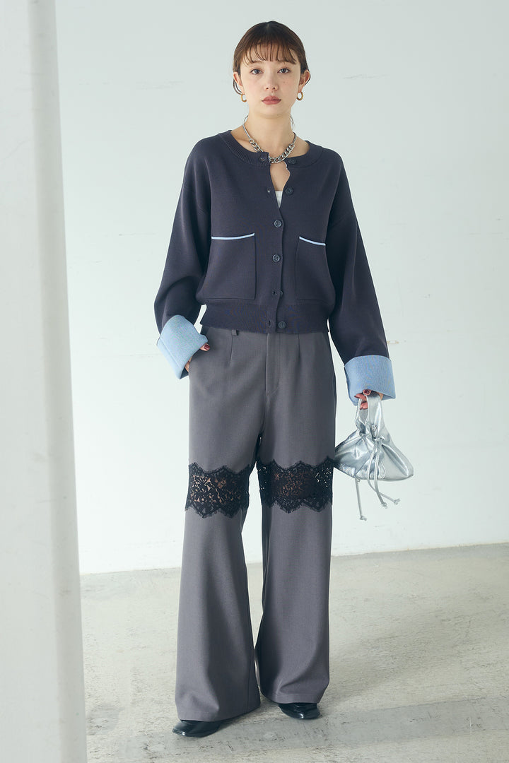 [SET]レーヨンポリダブルフェイスカーディガン+レース刺繍切替ワイドパンツ(2set)
