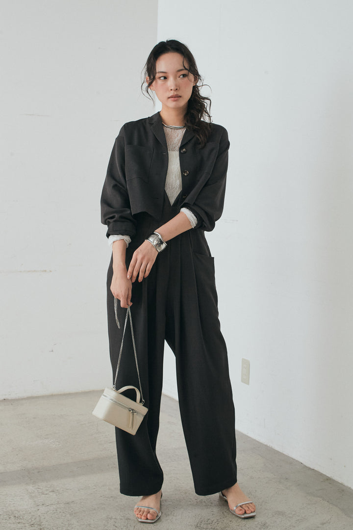 [SET]バックジップデザインショートツイルジャケット+キャミロングオールインワン+ストレッチレースクルーネックインナー(3set)