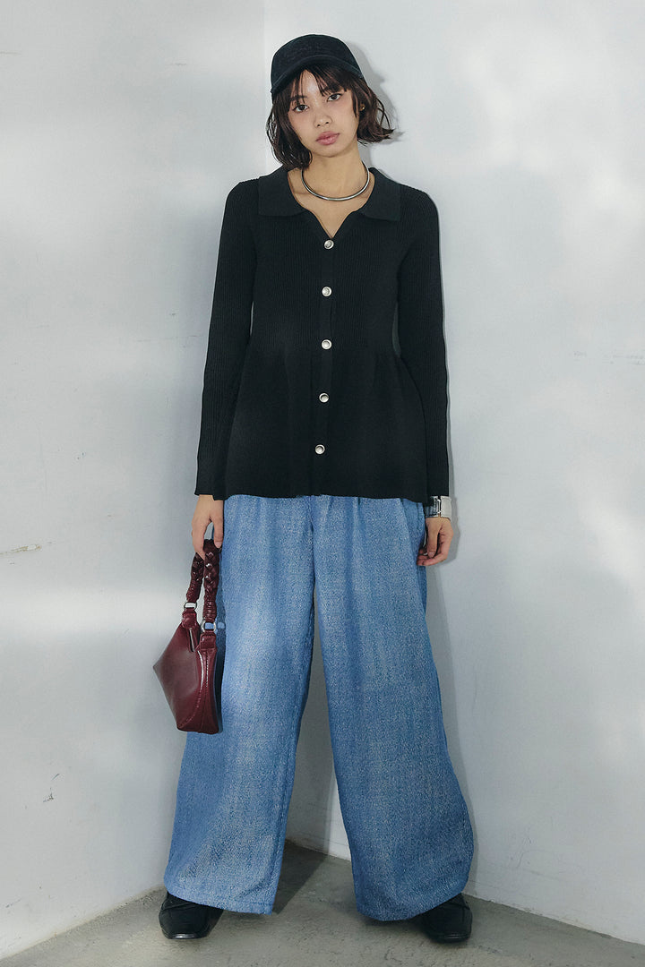 [SET]スキッパーペプラムニット+デニムライクヘリンボーンタックパンツ(2set)