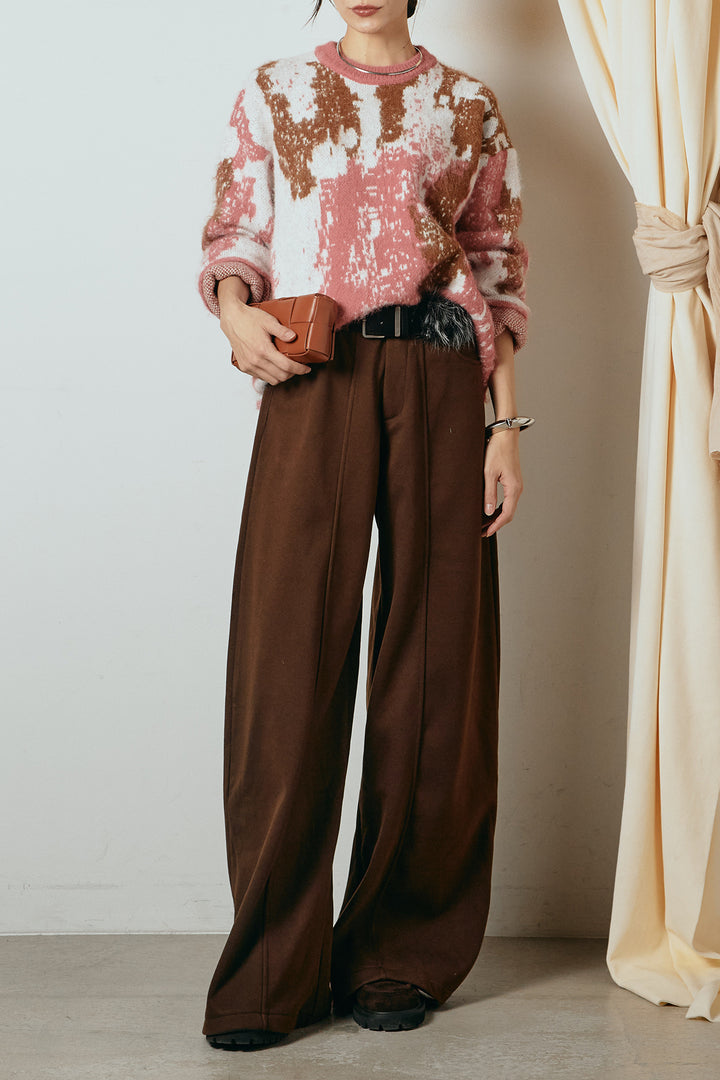 [SET]起毛ニュアンス柄ニットプルオーバー+ファーベルト付きワイドパンツ(2set)