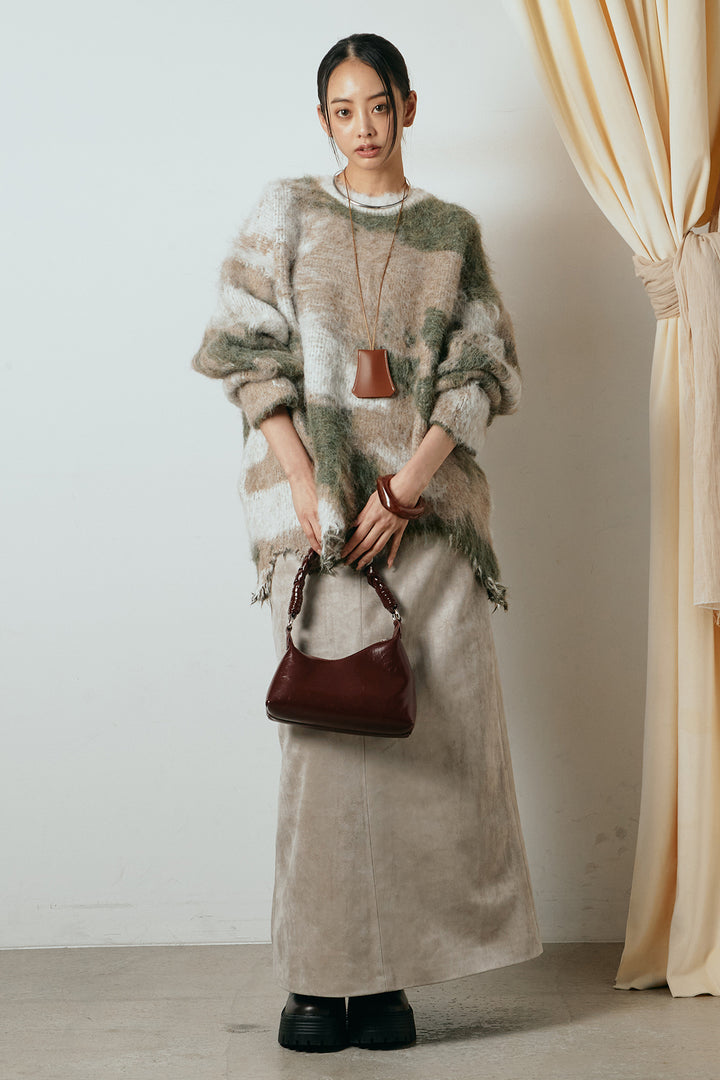 [SET]起毛裾デザインニュアンス柄ニットトップス+エコスウェードワイドスカート(2set)