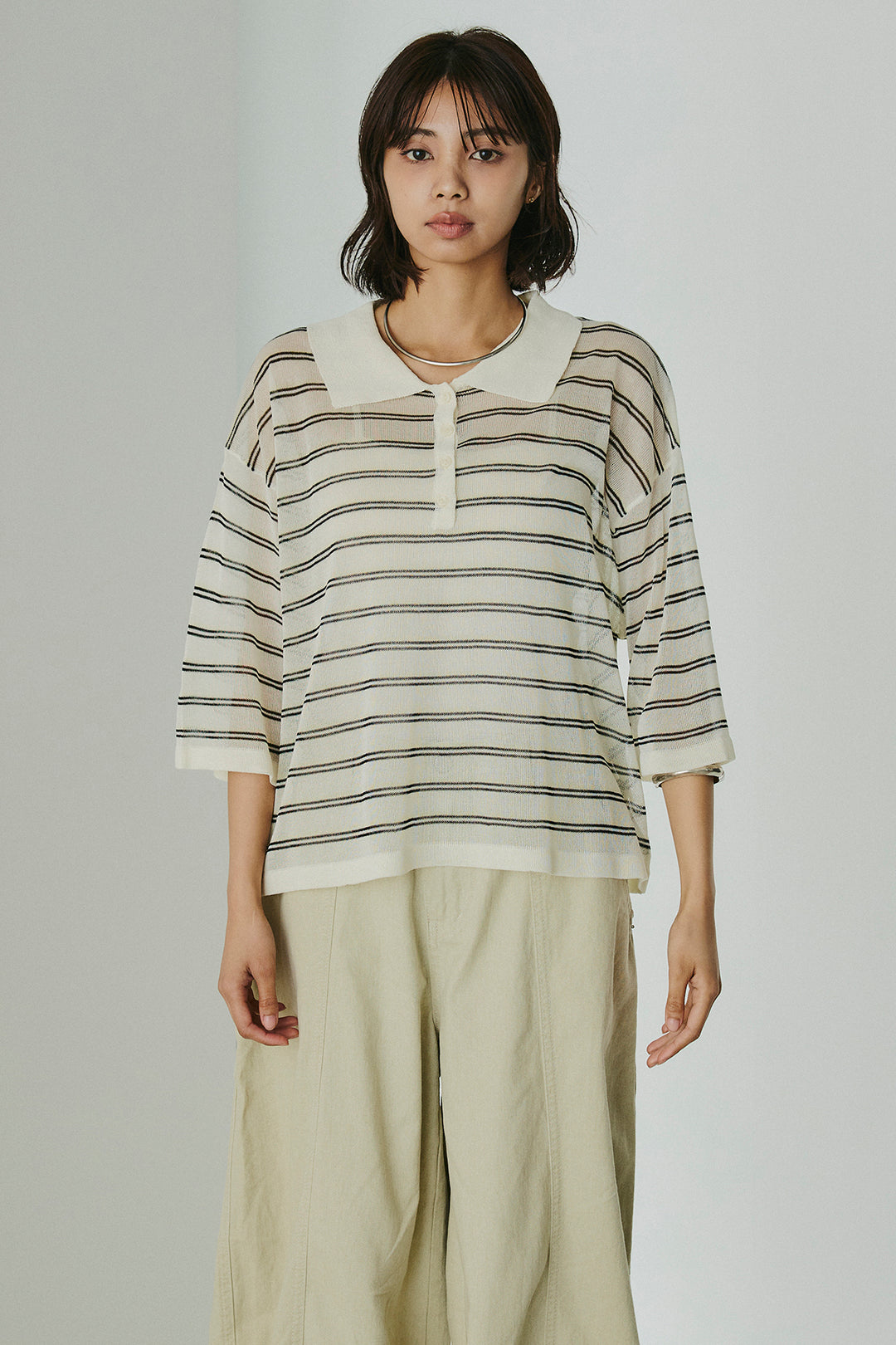 [SET]ボーダーニットポロシャツ+ニーサイドタックウエストドロスパンツ(2set)