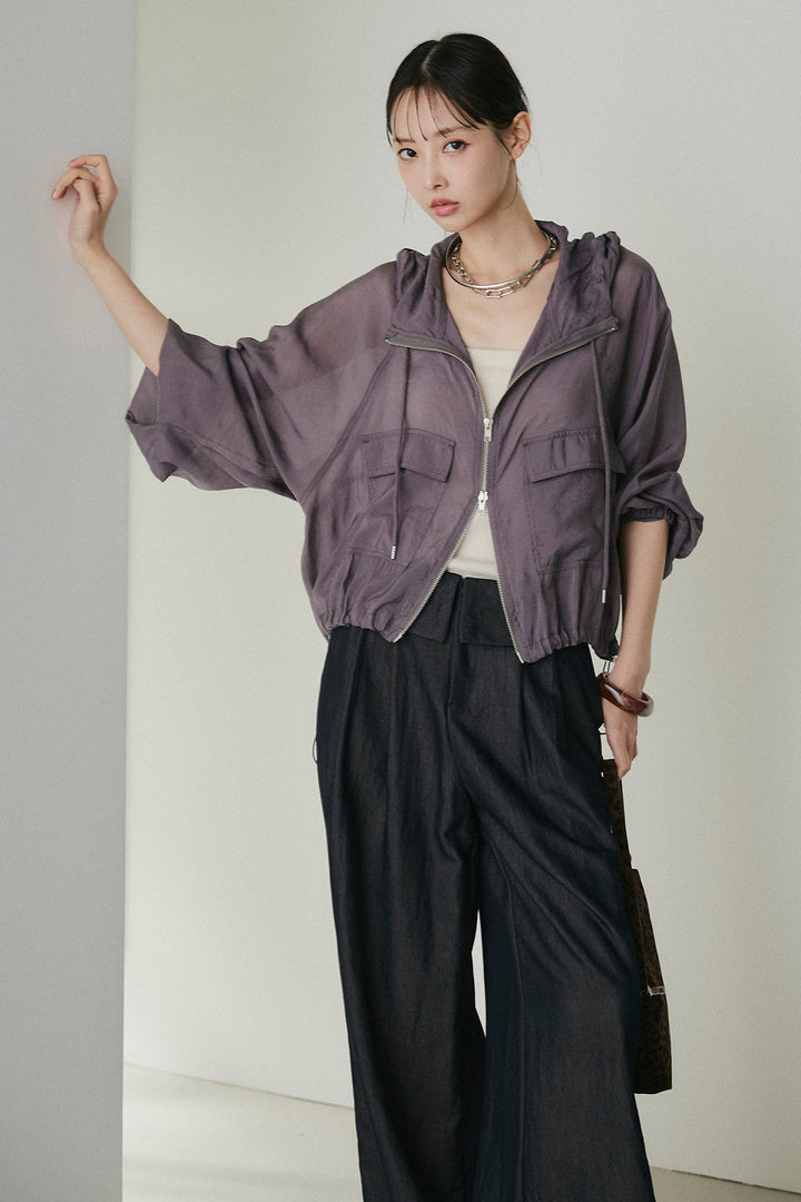 [SET]裾ドロストシアーWジップフーディーブルゾン+ウエスト折り返しワイドパンツ(2set)