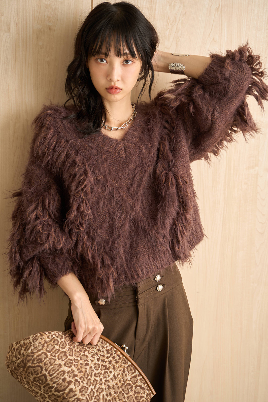 [SET]ランダムロングシャギーVネックニット+ナポレオンボタンデザインワイドパンツ(2set)