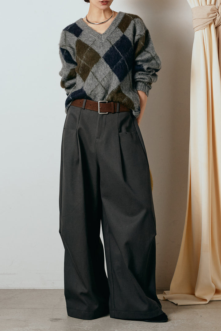 [SET]アクリルモヘアアーガイルVネックプルオーバー+太ベルト付きタックデザインワイドパンツ(2set)