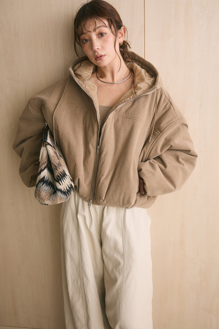 [SET]コーデュロイフーディバルーンブルゾン+フェイクレザーカーブワイドパンツ(2set)
