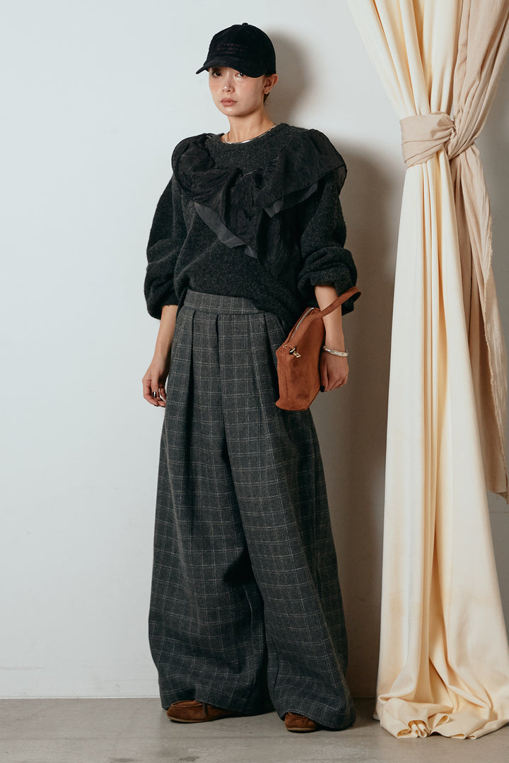 [SET]アシンメトリーフリルニットトップス+ウールライクチェックタックパンツ(2set)
