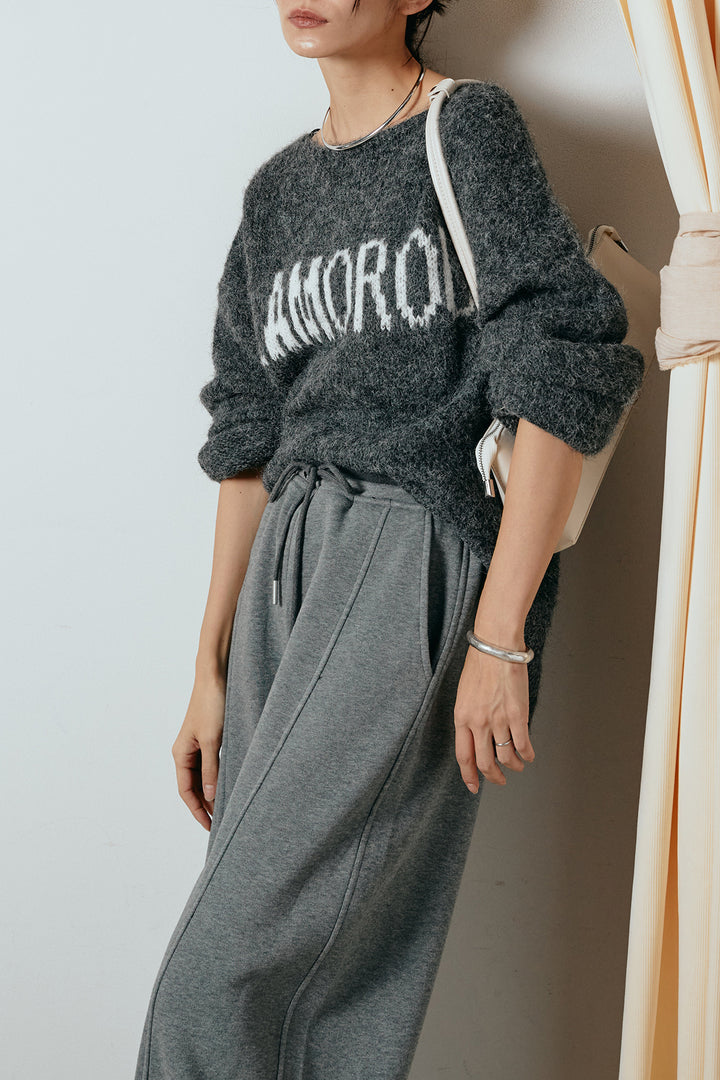 [SET]フロントロゴデザインニットトップス+スウェットワイドカーブパンツ(2set)