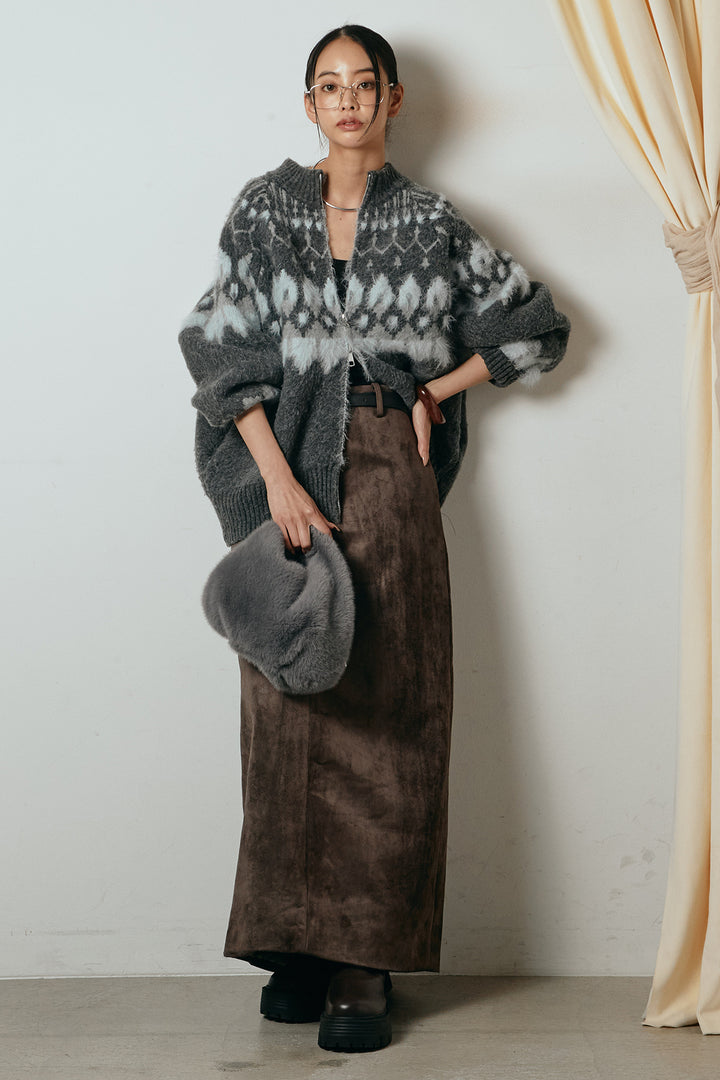 [SET]起毛ダブルジップパターンニットカーディガン+エコスウェードワイドスカート(2set)
