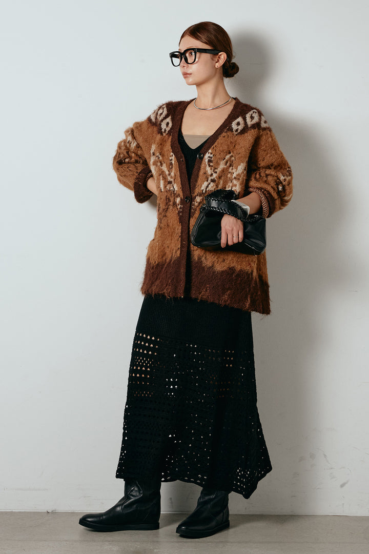 [SET]シャギーニュアンス柄ニットカーディガン+裾透かし編みキャミソールニットワンピース(2set)