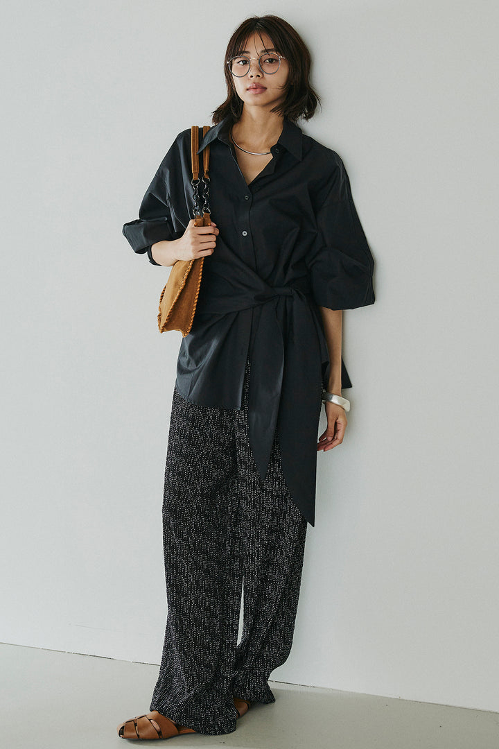 [SET]襟付き巻きデザインシャツ+シアーランダムドットラフパンツ(2set)