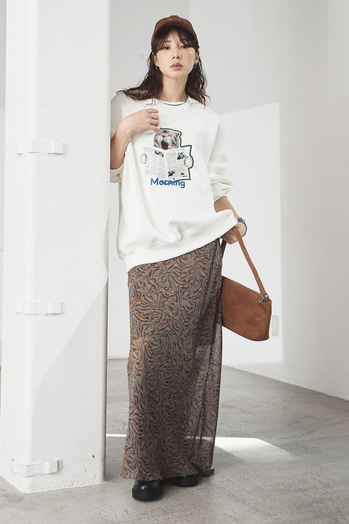 [SET]裏起毛モーニングキャットプリントスウェット+抽象柄ロングスカート(2set)