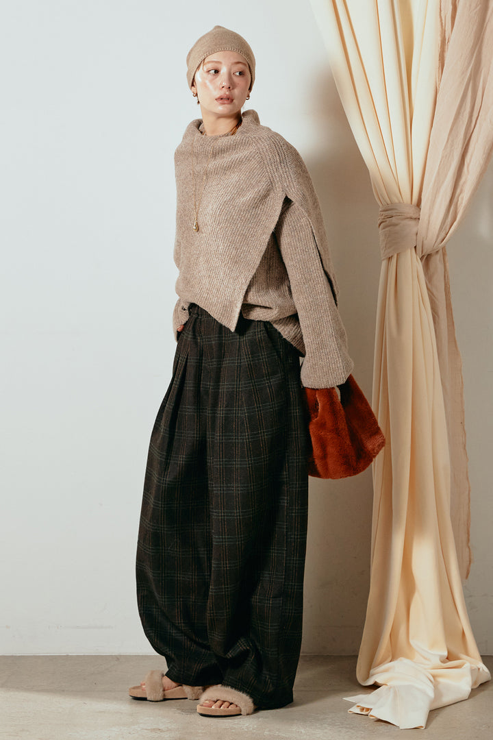 [SET]ケープデザインリブニットトップス+タータンチェック柄タックパンツ(2set)