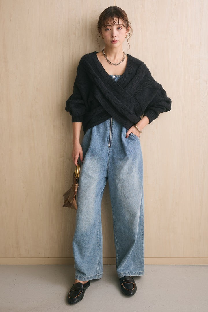 [SET]ケーブルカシュクールニットトップス+フロントジップストラップデザインデニムサロペット(2set)