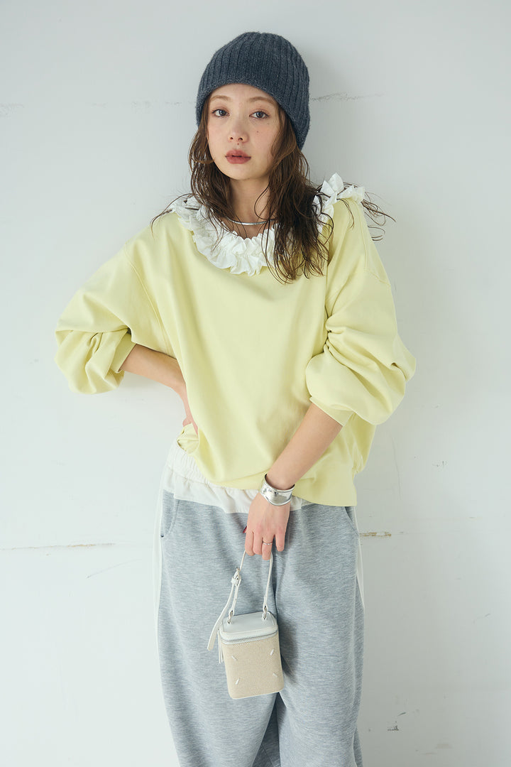 [SET]ネックギャザーフリルスウェット+異素材切り替えスウェットパンツ(2set)