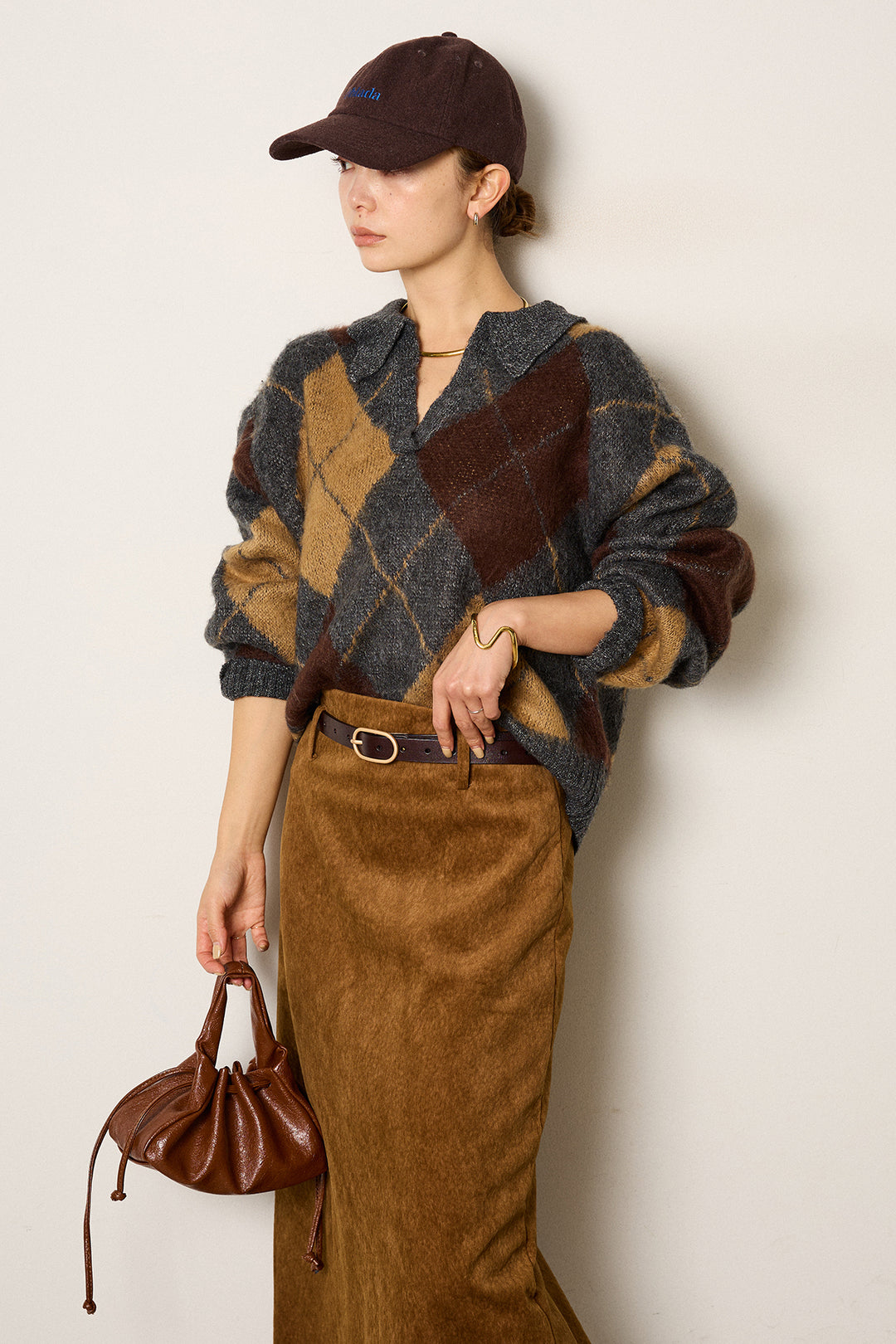 [SET]アクリルモヘアアーガイルキーネックプルオーバー+ロープベルト付きスウェード調スカート(2set)