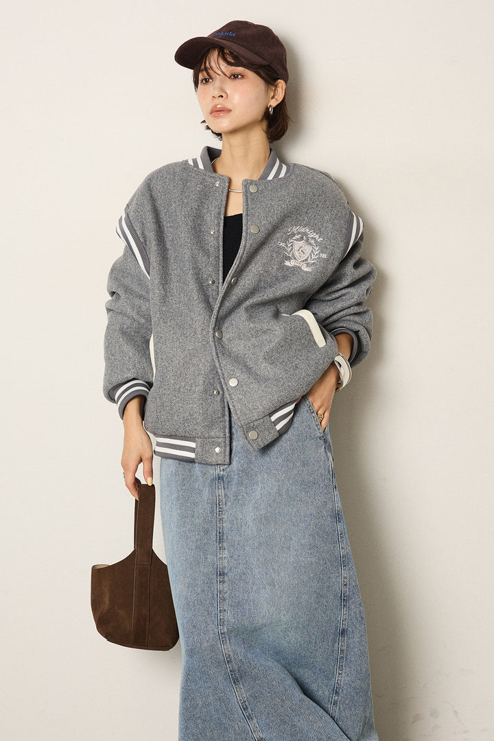 [SET]ワンポイントデザインブルゾン+デニムロングフレアスカート(2set)