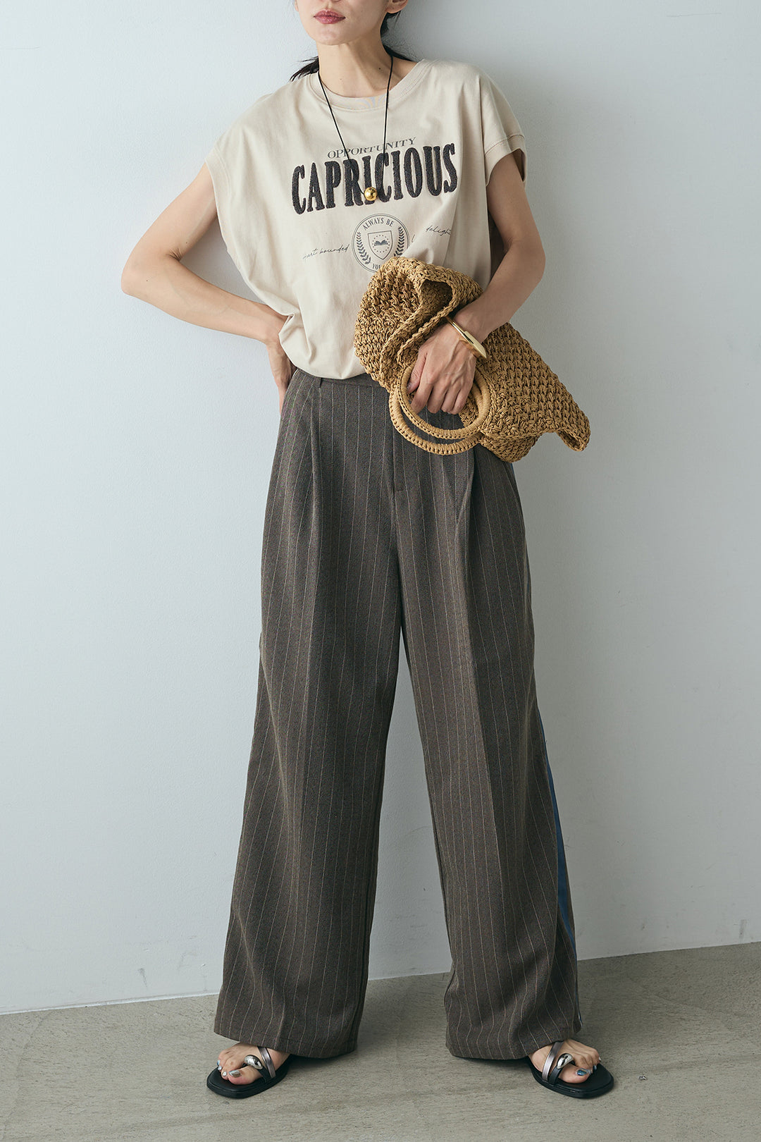 [SET]サガラ刺繍フレンチスリーブTシャツ+ピンストライプサイドラインワイドパンツ(2set)