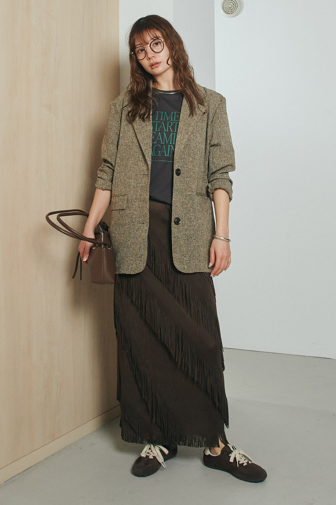 [SET]半袖TIMEロゴカットソー+斜めフリンジデザインスカート(2set)