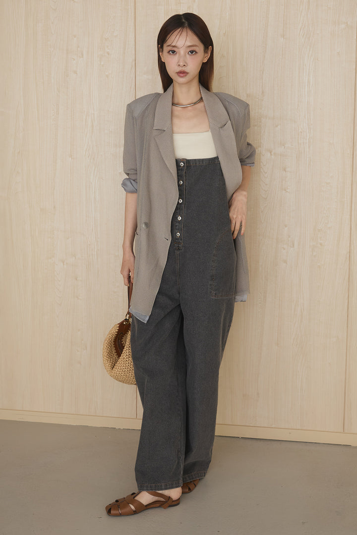 [SET]メッシュテーラードワイドジャケット+フロントボタンデニムサロペット(2set)