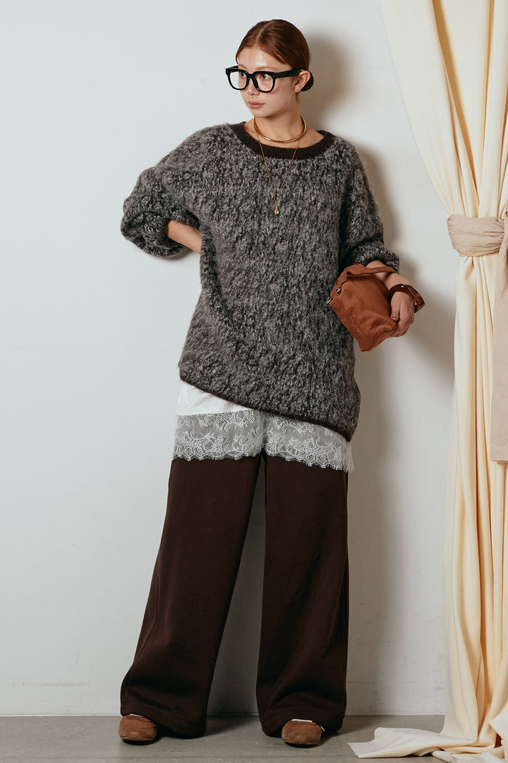 [SET]ボリュームスリーブミックスニットトップス+裏起毛スウェットワイドパンツ+レース切り替えキャミソール(3set)