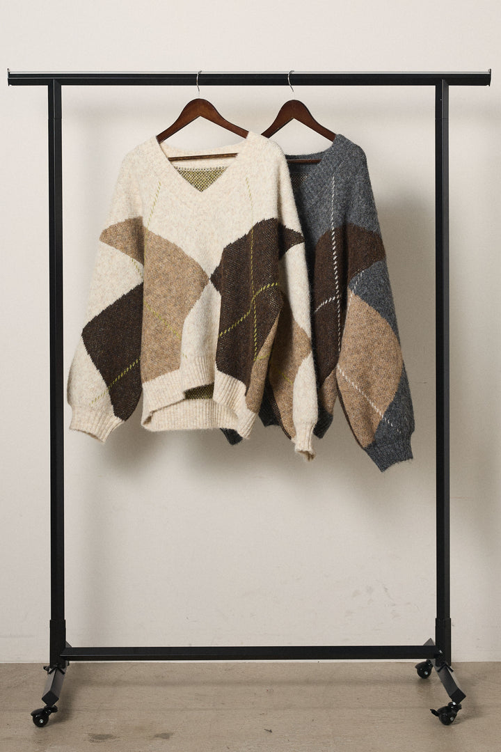 【着回しセット】[SET]ルーズアーガイルVネックニット+ルーズアーガイルVネックニット(2set)