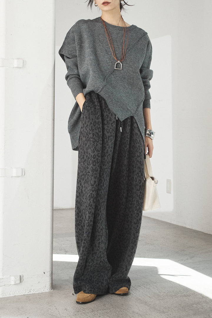 [SET]アシンメトリーデザインニットトップス+リラックスレオパード柄ワイドパンツ(2set)