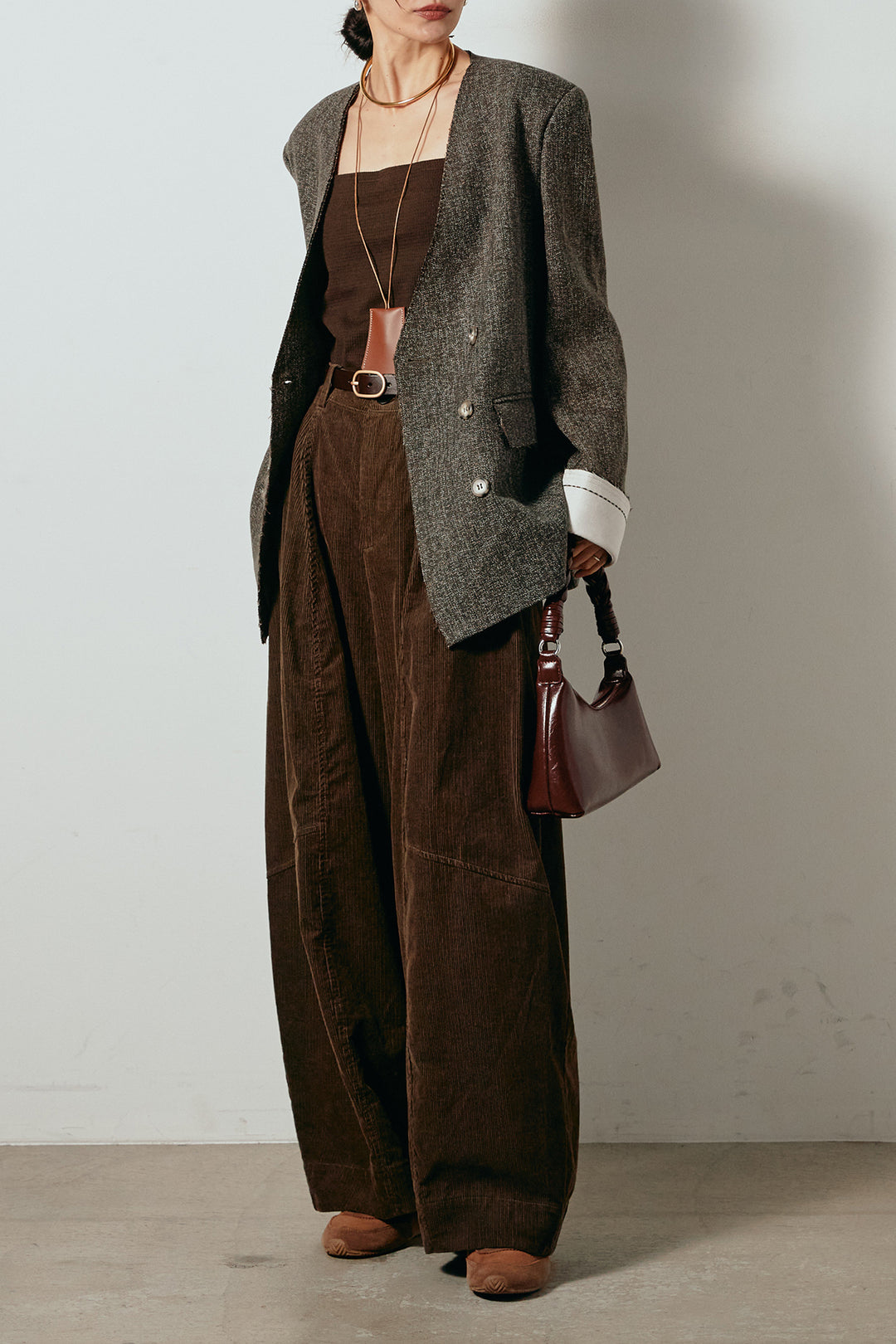 [SET]ノーカラーダブルボタンツイードジャケット+タック入りコーデュロイワイドパンツ(2set)