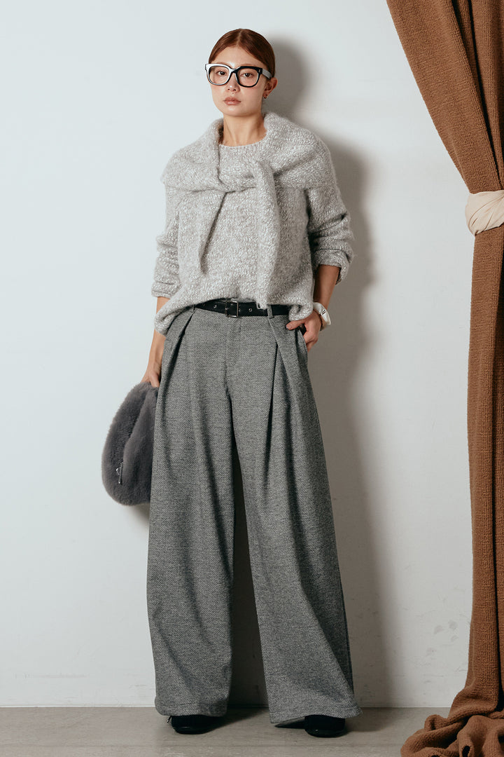 [SET]スカーフ付きミックスニットトップス+細ベルト付き起毛タックワイドパンツ(2set)