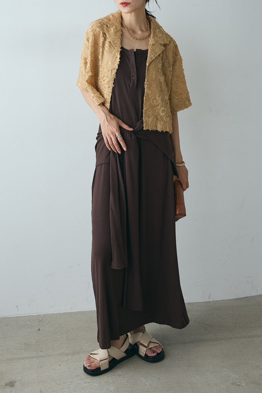 [SET]半袖オープンカラージャガード柄シャツ+ウエスト巻きリブロングワンピース(2set)