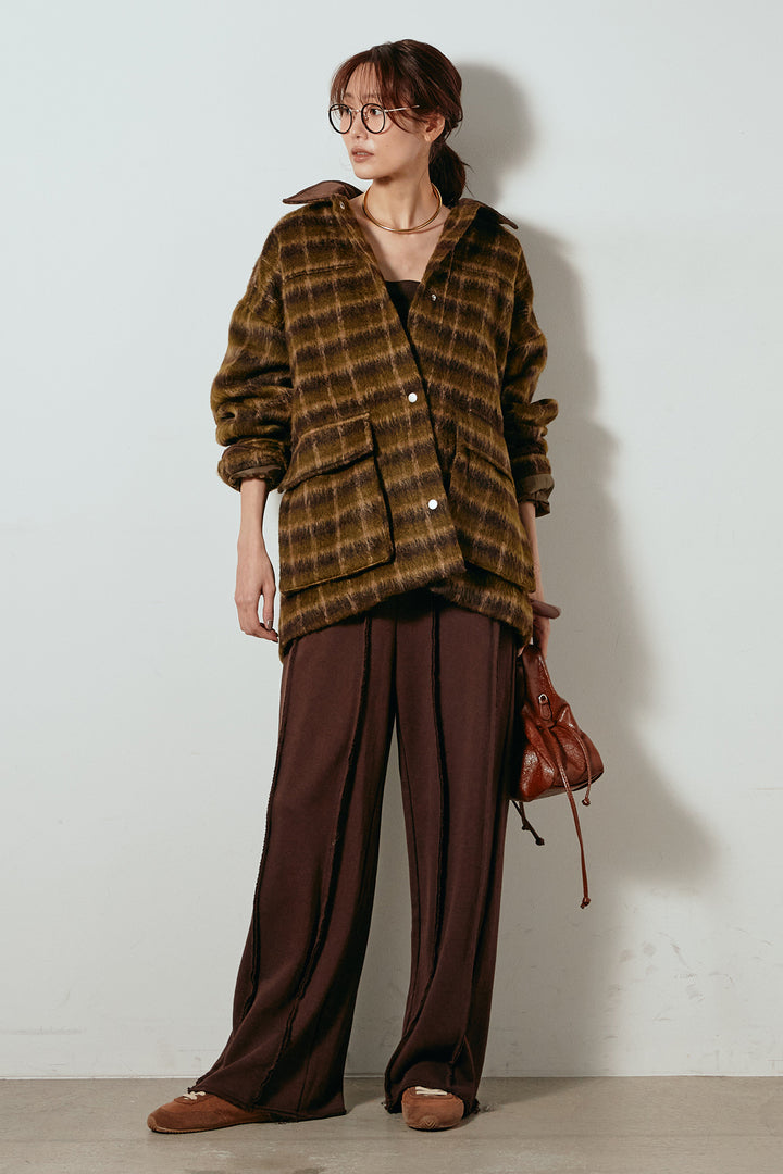 [SET]チェックシャギーミドルカバーオール+フロントラインデザインワイドスウェットパンツ(2set)