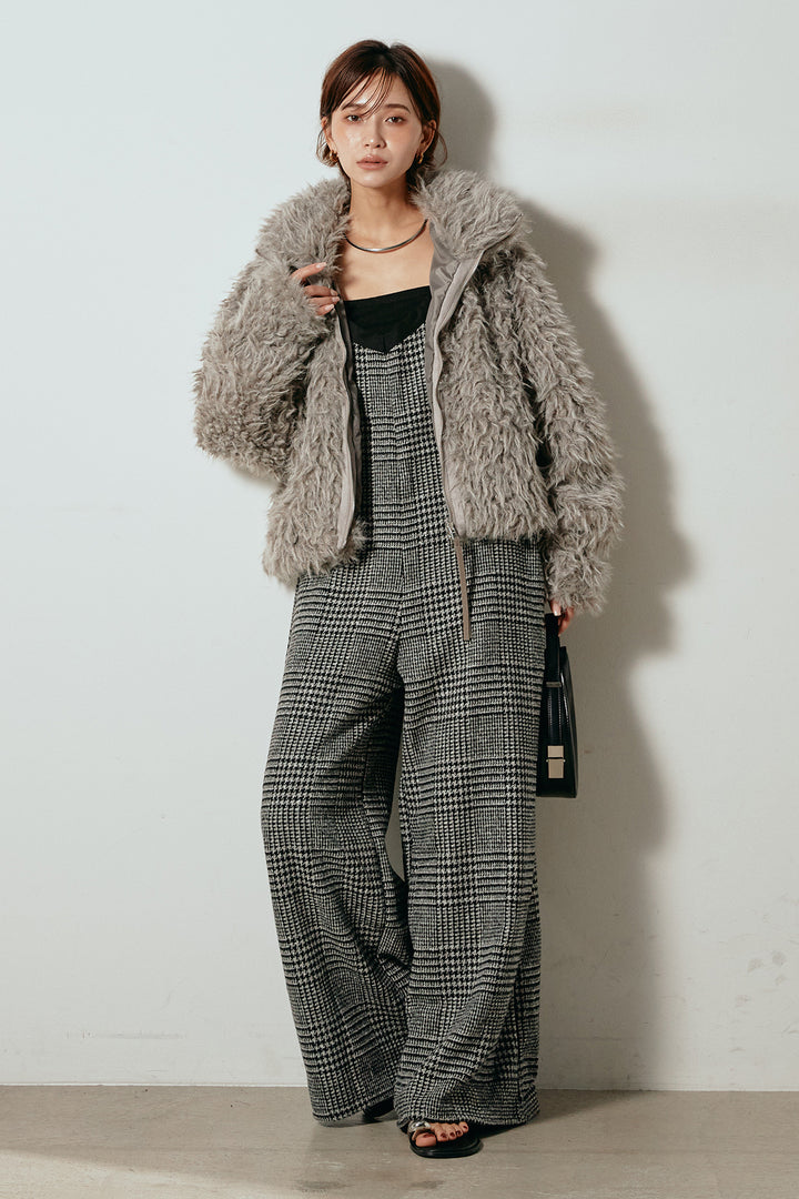 [SET]ミックスシープファースタンドブルゾン+前後2wayグレンチェック柄スカーチョサロペット(2set)