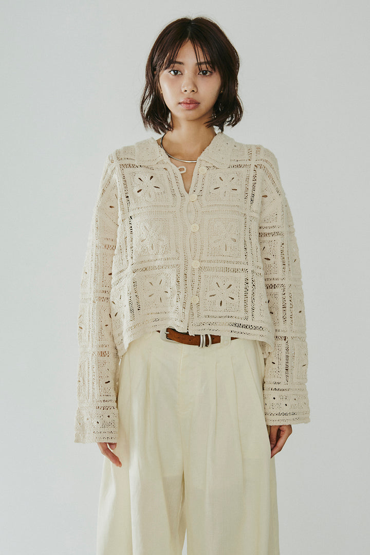 [SET]鍵編みフラワーレースカーディガン+オーガンジータックパンツ(2set)