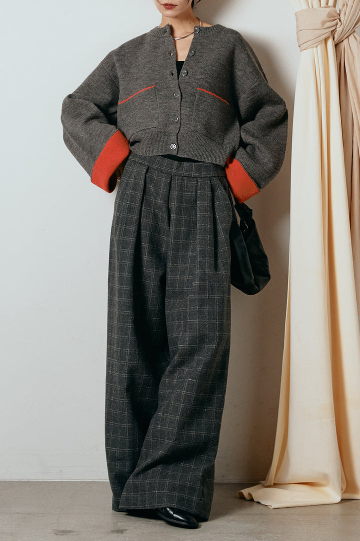 [SET]アルパカタッチダブルフェイスカーディガン+ウールライクチェックタックパンツ(2set)