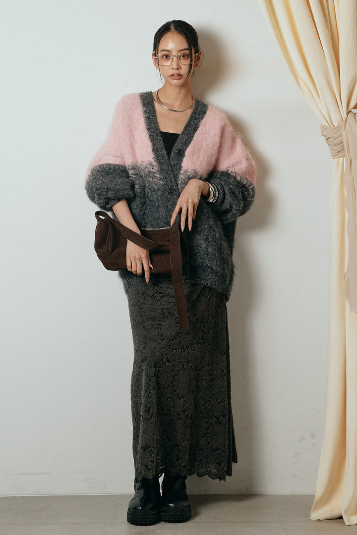 [SET]起毛グラデーションニットカーディガン+花柄刺繍ベロアフレアスカート(2set)