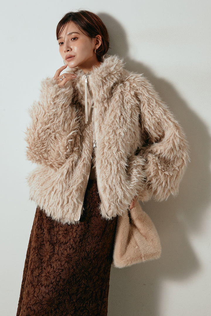 [SET]ミックスシープファースタンドブルゾン+花柄刺繍ベロアフレアスカート(2set)