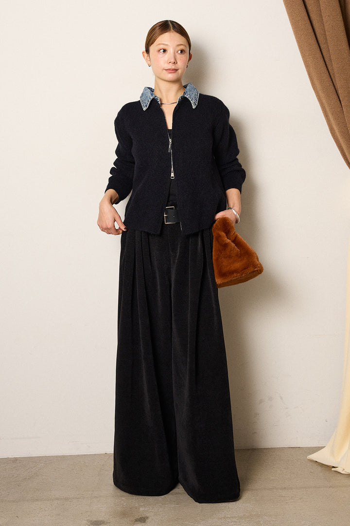 [SET]デニム襟ダブルジップニットトップス+ベルトループコーデュロイワイドパンツ(2set)