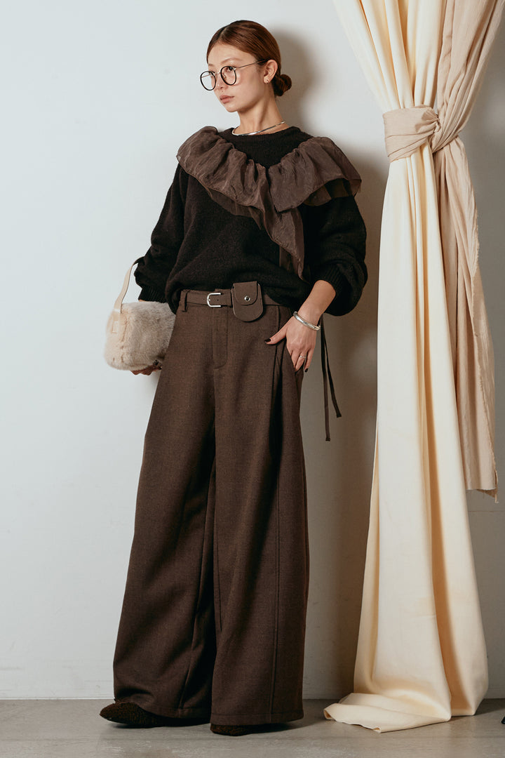 [SET]アシンメトリーフリルニットトップス+ポーチベルト付きカーブパンツ(2set)