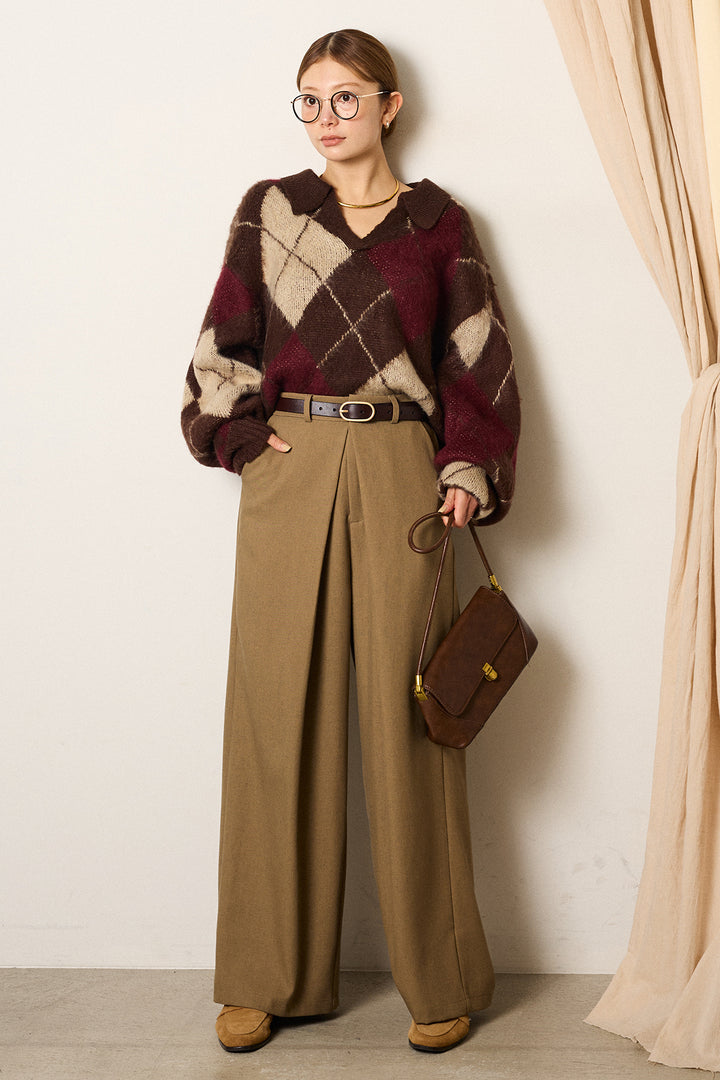[SET]アクリルモヘアアーガイルキーネックプルオーバー+フロントワイドタックネップ入ワイドパンツ(2set)