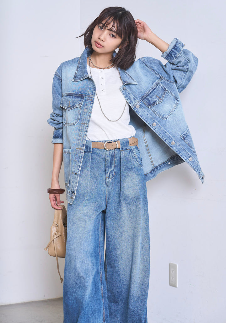 [SET]ケミカルデニムカバーオールジャケット+ベルトループワイドタックデニムパンツ(2set)