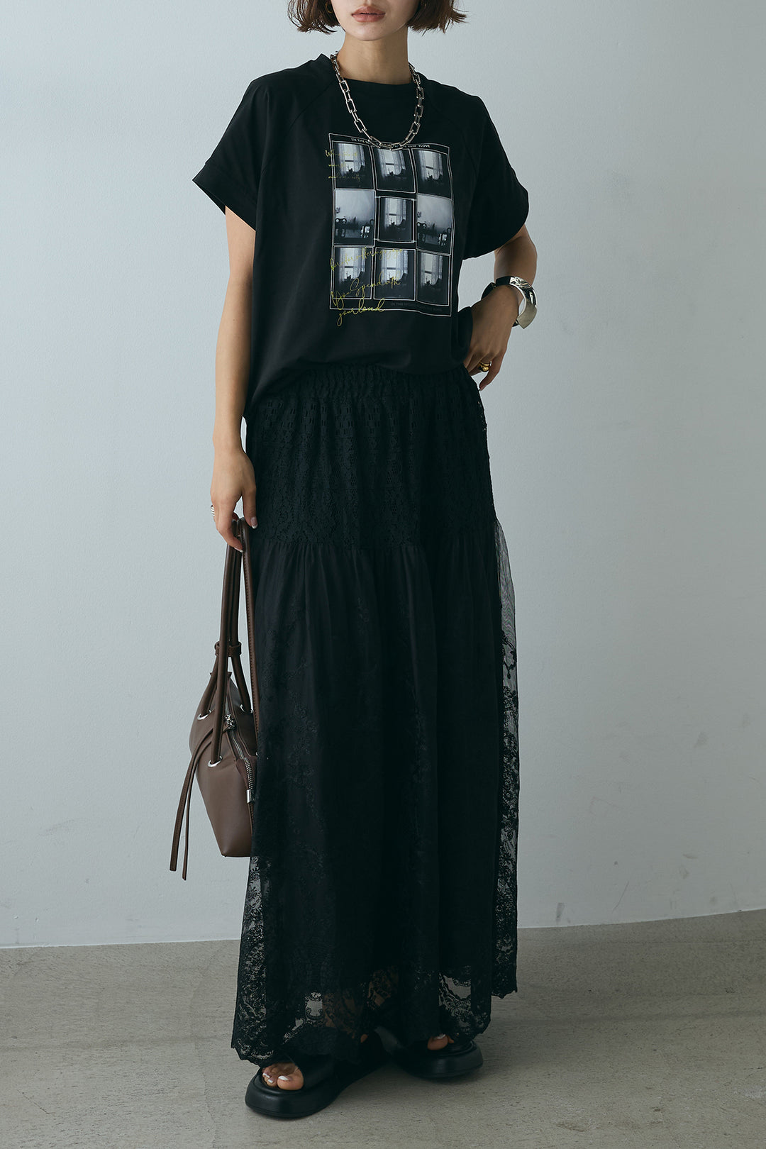[SET]フォトプリントラグランTシャツ+ミックスレース刺繍スカート(2set)