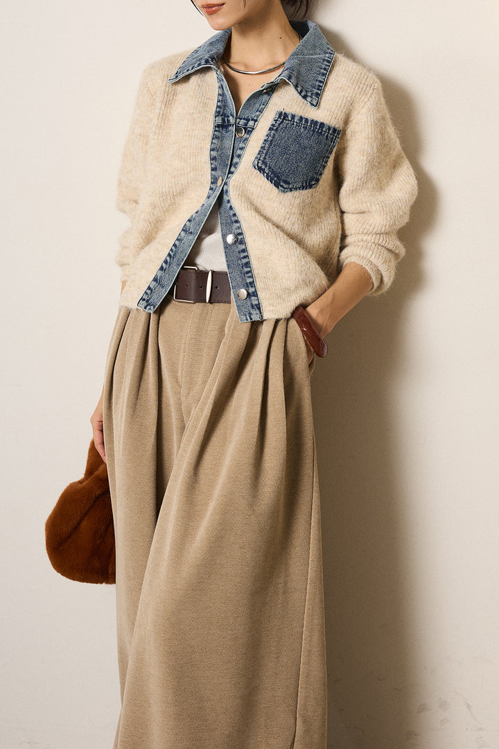 [SET]襟付きデニム切替ニットカーディガン+ベルトループコーデュロイワイドパンツ(2set)