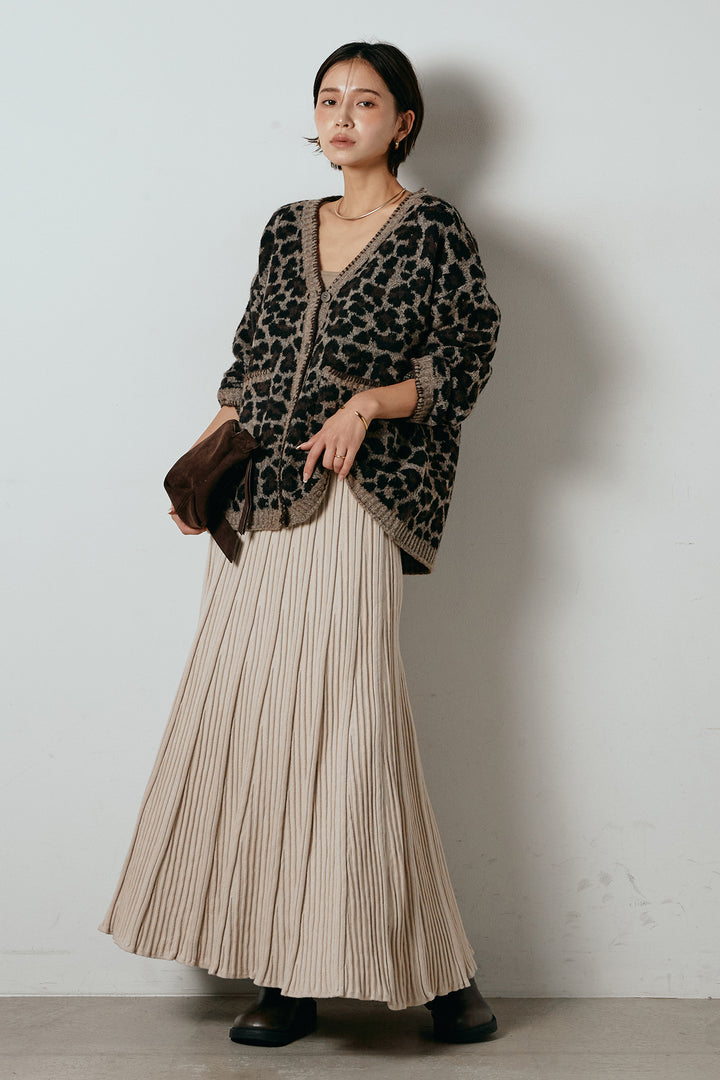[SET]ステッチデザインレオパードニットカーディガン+リブニットフレアスカート(2set)
