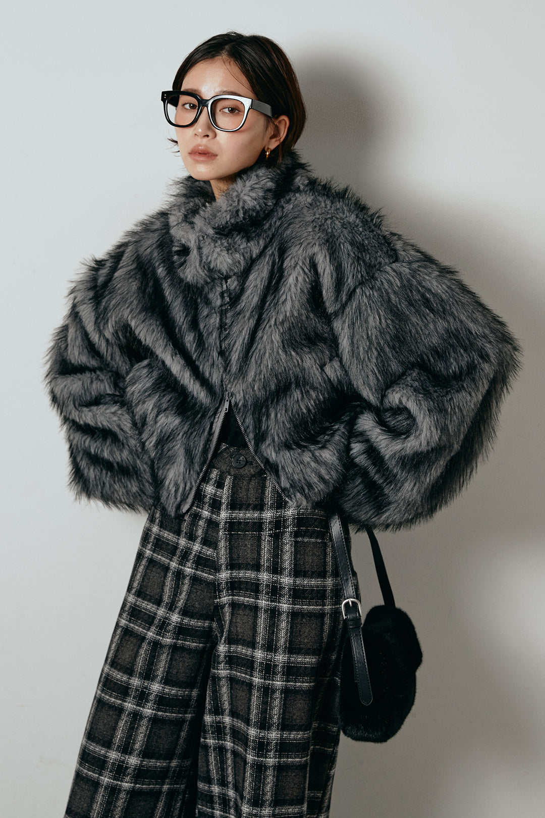 [SET]エコファーショート丈ブルゾン+ルーズタータンチェックワイドパンツ(2set)