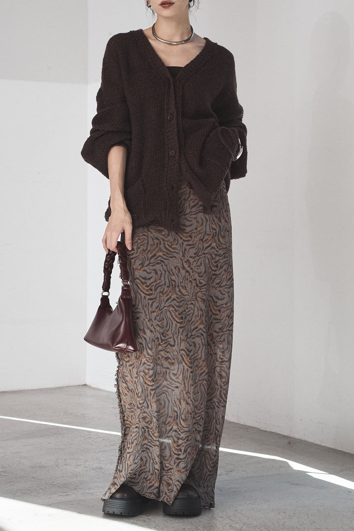 [SET]コード刺繍リラックスニットカーディガン+抽象柄ロングスカート(2set)