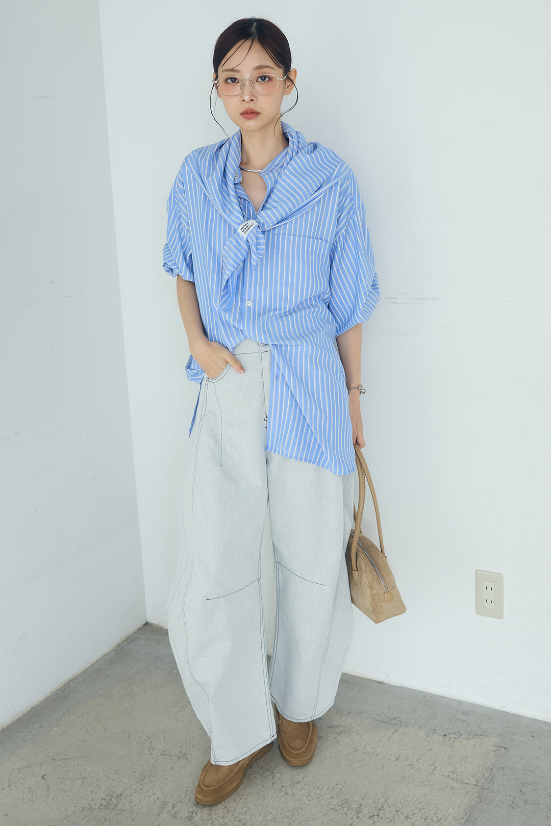 [SET]レーヨンストライプスカーフ+レーヨンストライプバンドカラー長袖シャツ(2set)